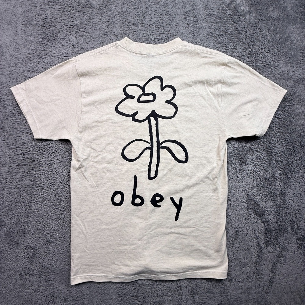 OBEY Cartoon Flower Tee Shirt Adult S Cream Short Sleeve Crew Neck Cotton T